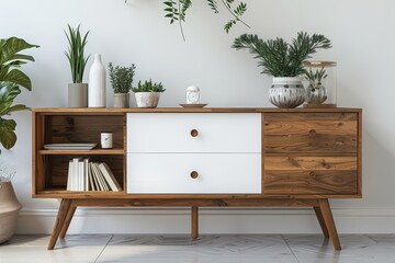 Mid-Century Modern white and wood sideboard with three drawers and two cabinet doors, wooden legs, against a white wall with decor items and books underneath, styled with Sony Alpha A7 III.