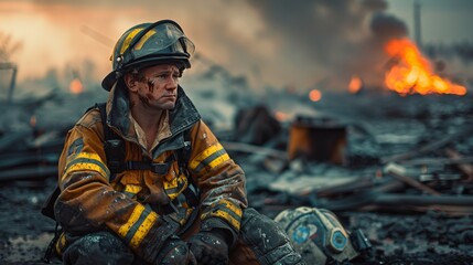 A firefighter sitting exhausted on a pile of debris, helmet in hand