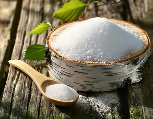 Xylitol sweetener - birch tree with sugar and spoon