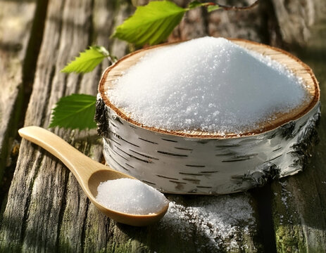 Xylitol sweetener - birch tree with sugar and spoon