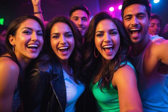 Group of young adults smiling and taking selfie at vibrant party - Powered by Adobe