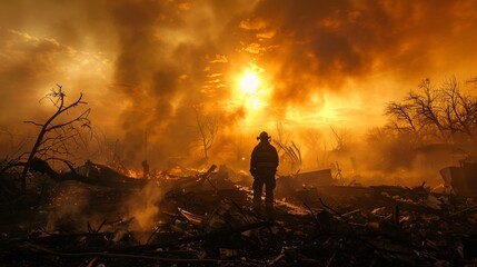 A firefighter silhouetted against the debris-strewn landscape