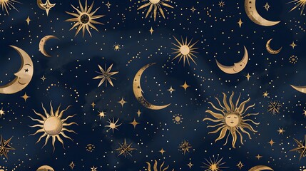 Naklejka premium Navy Blue Background with Gold Stars, Moons, and Suns