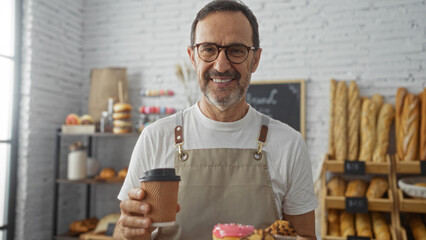 Handsome senior hispanic man indoors at bakery holding coffee and pastries while wearing an apron...