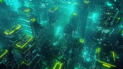 Neon-lit plexus in turquoise and lime, with ample text space at the top for headlines