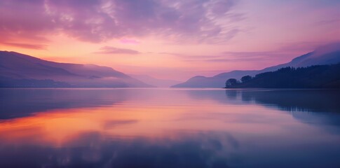 Serene Sunset Reflections on a Calm Lake with Silhouettes of Mountains and Trees.