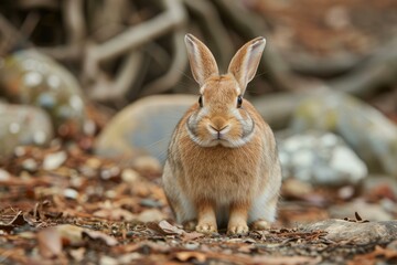 Fototapeta premium Cute brown rabbit sitting calmly among foliage and twigs