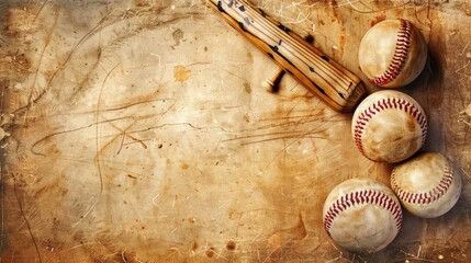 Vintage baseball background with space for text and sports equipment balls