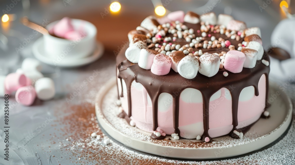 Fototapete playful marshmallow and chocolate cake with marshmallow frosting on a light chocolate background, sw