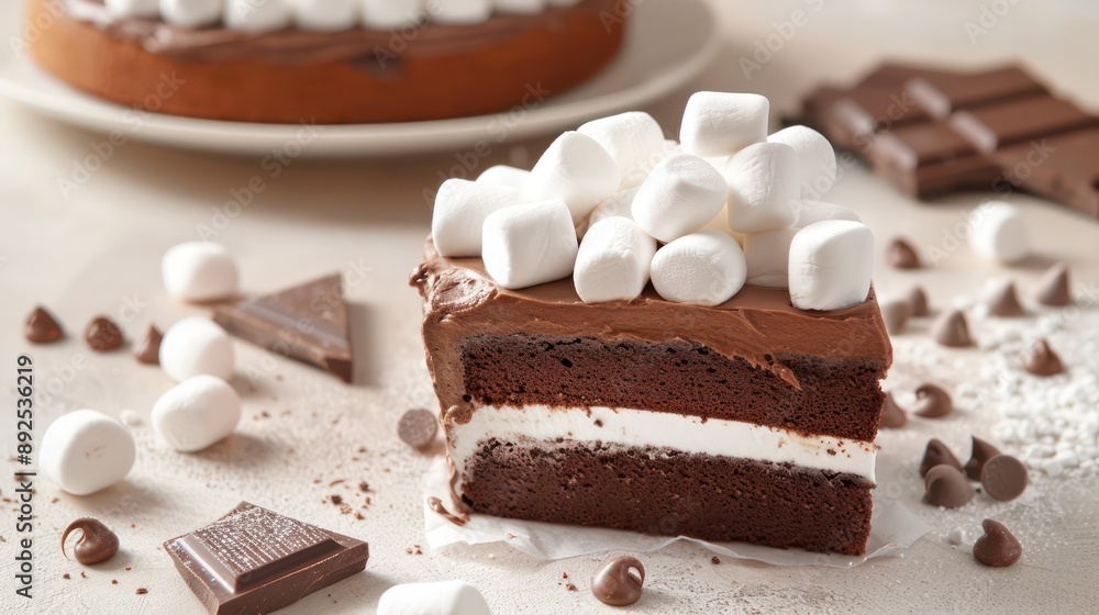 Fototapete playful marshmallow and chocolate cake with marshmallow frosting on a light chocolate background, sweet and inviting for fun text