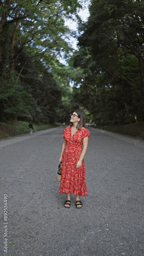 Poster beautiful young hispanic woman wearing glasses standing smiling looking around at meiji temple