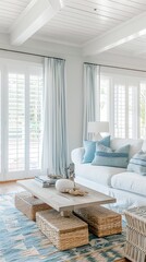 Obraz premium A living room with a coastal theme. White walls and a ceiling with exposed beams create a feeling of spaciousness. Cozy white sofa, coffee table. a sense of calm and relaxation,