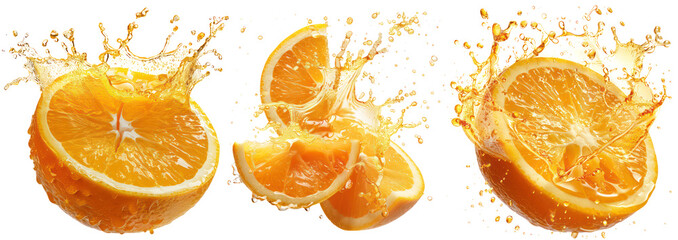 Set of Vibrant Orange Juice Splash, Cut-out, Isolated on Transparent Background