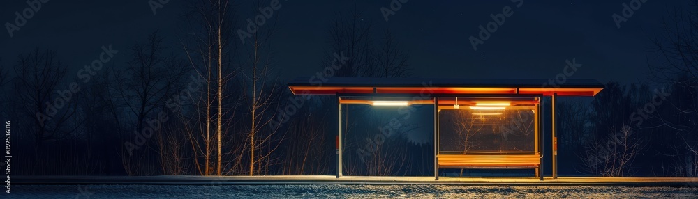 Aufkleber modern bus stop at night with warm lights, isolated in a dark forest background creating a contrast 