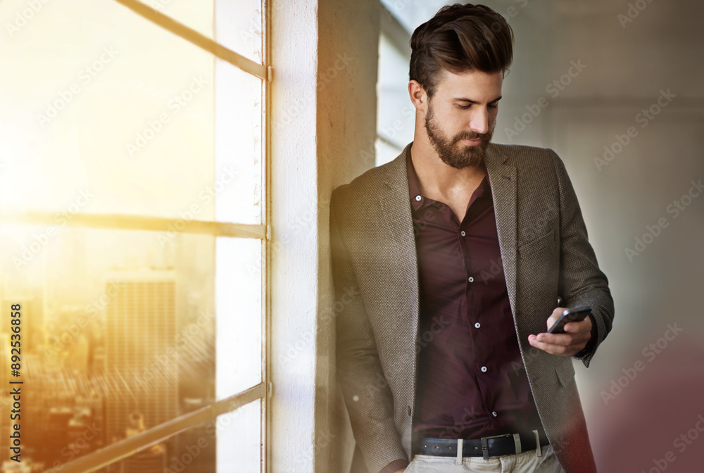 Poster Phone, business man and typing email on app for networking and research information online. Mobile technology, scroll and office worker or financial consultant reading budget report with lens flare