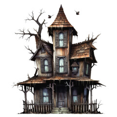 Fototapeta premium Isolated Haunted House with Gothic Architecture and Broken Features.