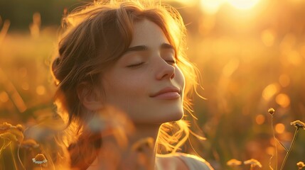 Fototapeta premium Peaceful young woman soaking up the sunrise, her face bathed in the soft, warm light of the morning
