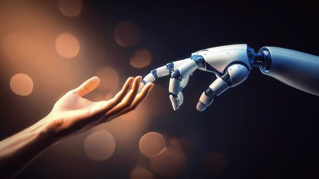 Human and Robotic Hand Touching Fingertips, Symbolizing Human-Technology Connection with a Warm, Glowing Background