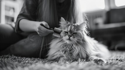 A person combing a domesticated feline with a hairbrush, a common household scene