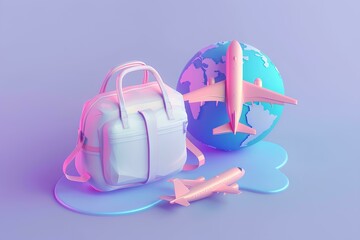 Fototapeta premium 3D isometric icon, travel concept, with globe and suitcase, light purple background color