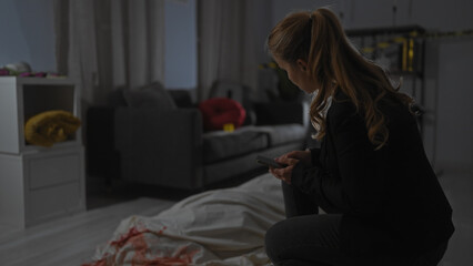 A young woman looks at her phone in a dimly-lit room with a bloodstained sheet, suggesting a crime...