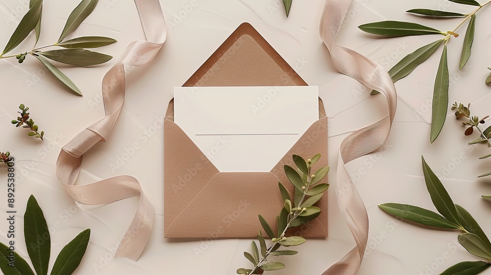 Poster a brown envelope with a white card sits on a table with green leaves. the leaves are arranged around