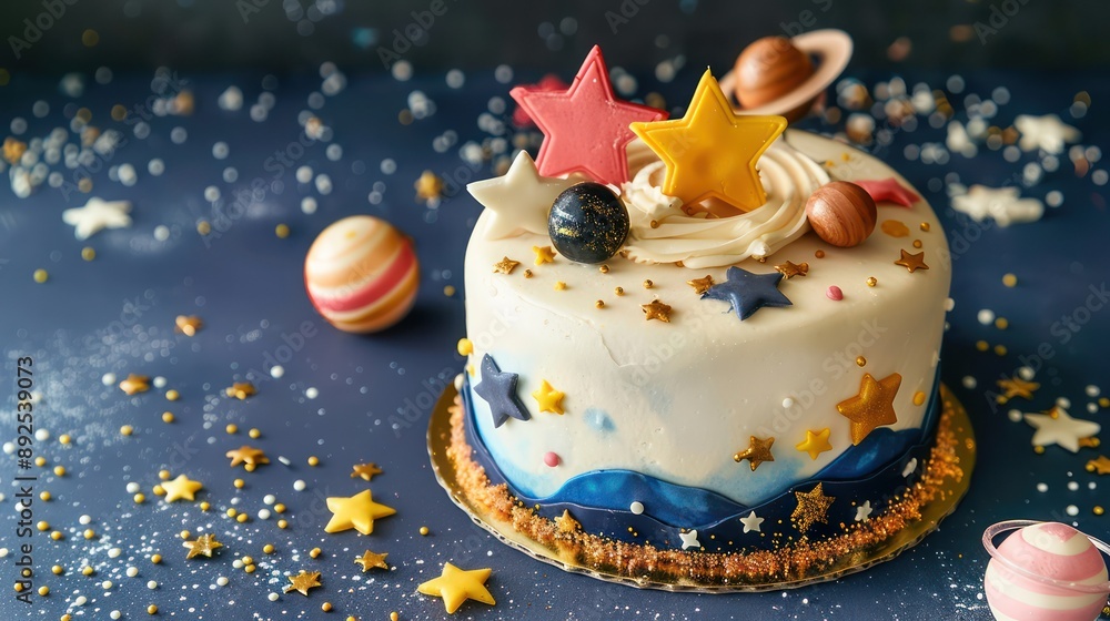 Fototapete playful space theme cake with edible stars and planets on a deep space blue background, fun and inviting for adventurous text