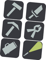 Set of icons inside dark rectangles. These are avatars of tools like a hammer, knife or flashlight.