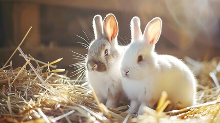2 cute rabbits standing on straw bedding with light shade at farm