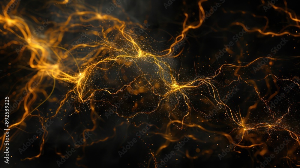 Poster plexus of golden yellow threads on a deep black background, designed to highlight text in a luxuriou