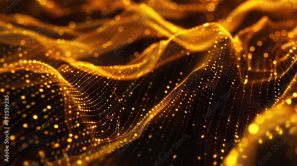 Poster plexus of golden yellow threads on a deep black background, designed to highlight text in a luxuriou