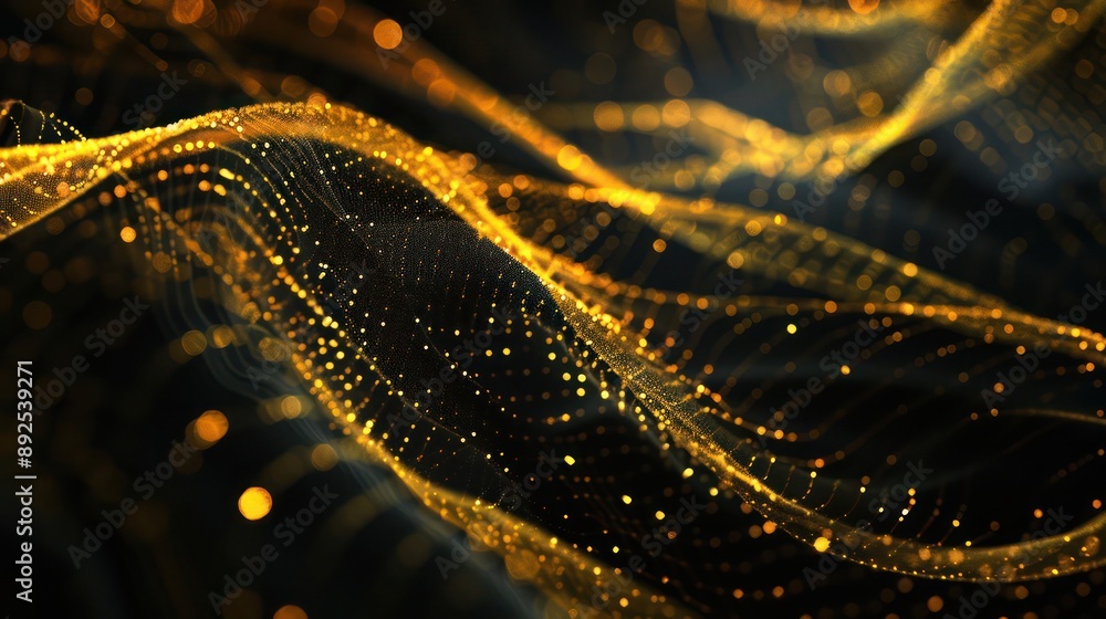 Poster plexus of golden yellow threads on a deep black background, designed to highlight text in a luxuriou