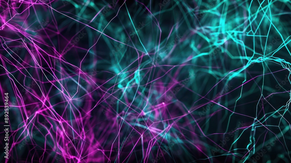 Poster plexus of neon violet and teal threads against a matte black background, ideal for futuristic text o
