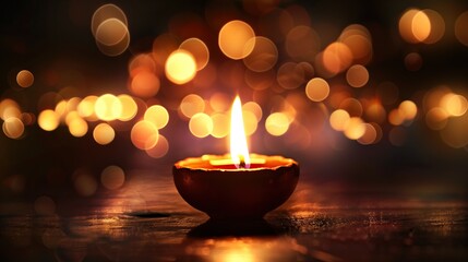 single lit diwali diya candle in traditional clay lamp with bokeh lights background indian hindu festive season