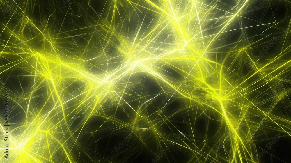 Poster plexus of neon yellow and soft grey lines, forming an electrifying pattern on a dark background, per