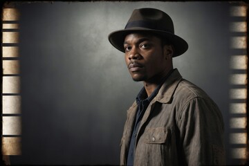 Portrait of thoughtful man in fedora shot in cinematic style classic film noir