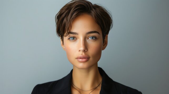 Professional portrait of a female cut model, her stylish haircut and confident pose making a strong impression