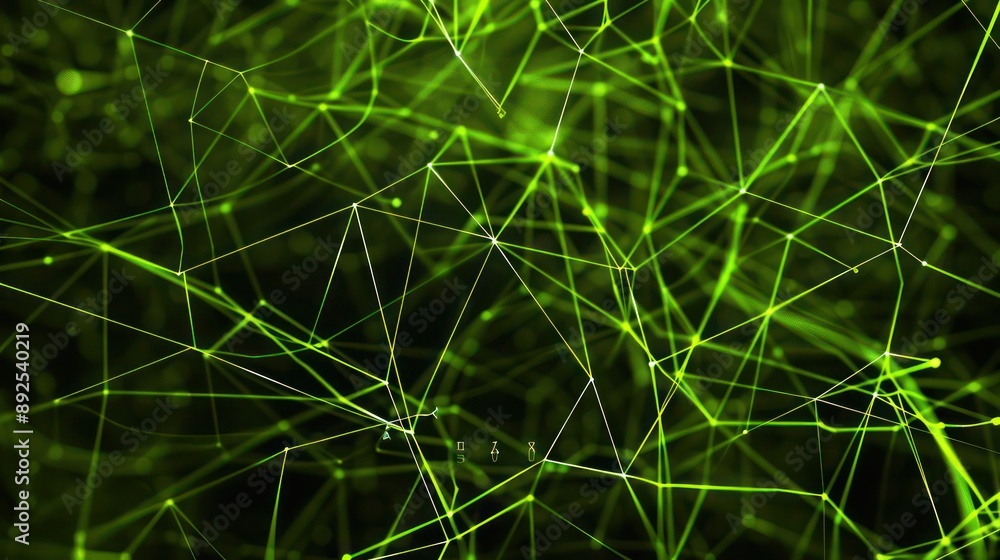 Poster radiant network of lime green plexus lines on a black backdrop, text space at the bottom center