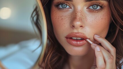 A woman checking her makeup in a small, handheld mirror, her reflection in a larger wall mirror behind her. 