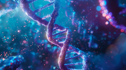 a close up of an DNA double helix with particles floating around it, the background is blue and purple
