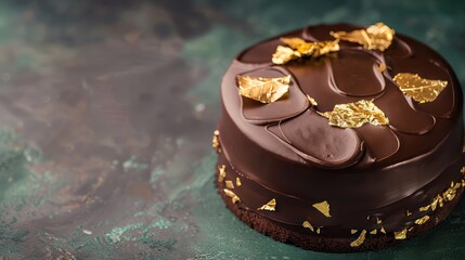 rich dark chocolate cake with gold leaf accents on a deep jade background, luxurious and perfect for elegant text