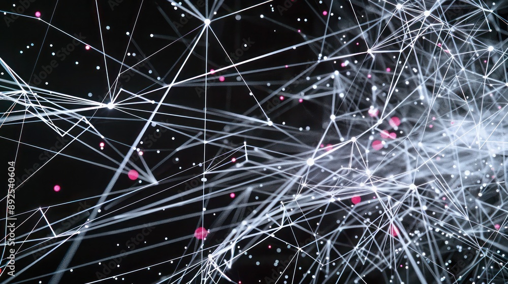 Poster radiant network of white and ruby threads against a cosmic black sky, designed for high-tech text in