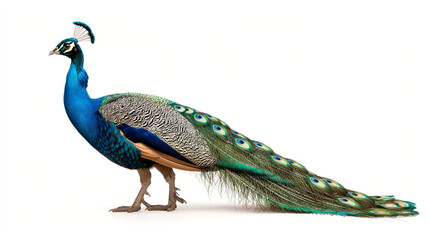 Obraz premium A peacock with feathers of blue and green, standing on its hind legs, against the background of a white sky, in the minimalist style, with intricate details and high resolution