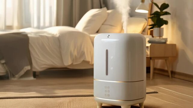 Modern bedroom with a humidifier releasing steam, creating a cozy atmosphere