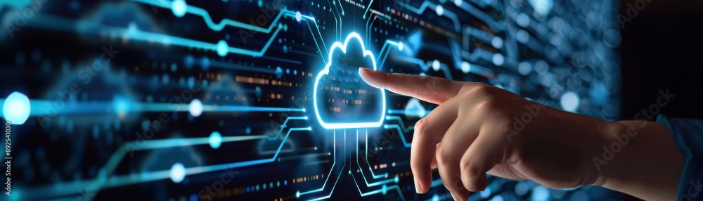 Poster person interacting with a digital cloud interface. concept of cloud computing, technology, data stor