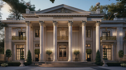 Obraz premium an elegant neoclassical mansion with large columns and a grand entrance, incorporating elements of architectural harmony to create a sophisticated exterior for the home