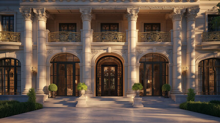 Obraz premium an exterior view of the entrance to a luxury mansion in New York City, showcasing grand columns and ornate details