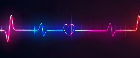 Neon heartbeat on black isolated background ,Horizontal Pulse Trace Heart Monitor with pink music note in line