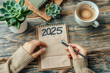 Woman Writing 2025 Goals On Notebook At Wooden Table