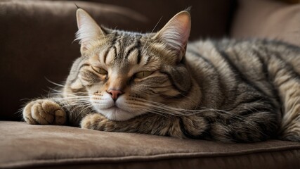 Senior Tabby Cat Sleeping on a Sofa
